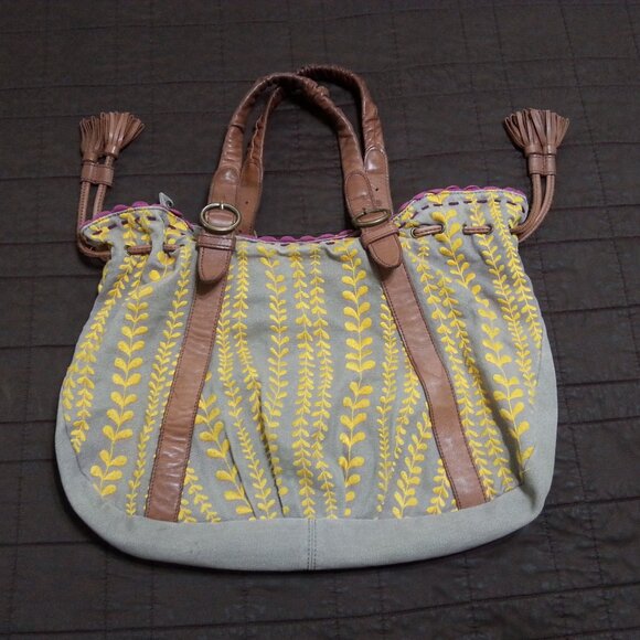 Lucky Penny Anthropologie Purse Handbag Tote Hobo Boho Bohemian Yellow Gray - Picture 1 of 16